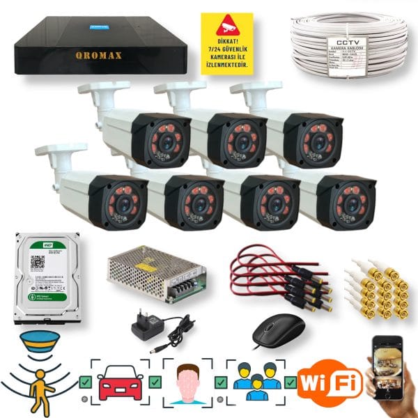 7 KAMERALI SET - İNSAN YÜZ VE HAREKET ALGILAYAN 1080P 5MP SONY LENS GÜVENLİK KAMERASI SETİ 7808