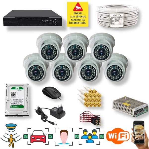 7 Kameralı Set – Yapay Zeka Özellikli Gece Görüşlü 5 MP Sony Lensli FullHD İç Mekan Güvenlik Kamerası Seti D136B-108