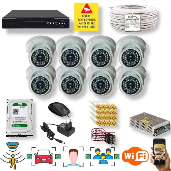 8 Kameralı Set – Yapay Zeka Özellikli Gece Görüşlü 5 MP Sony Lensli FullHD İç Mekan Güvenlik Kamerası Seti D136B-108