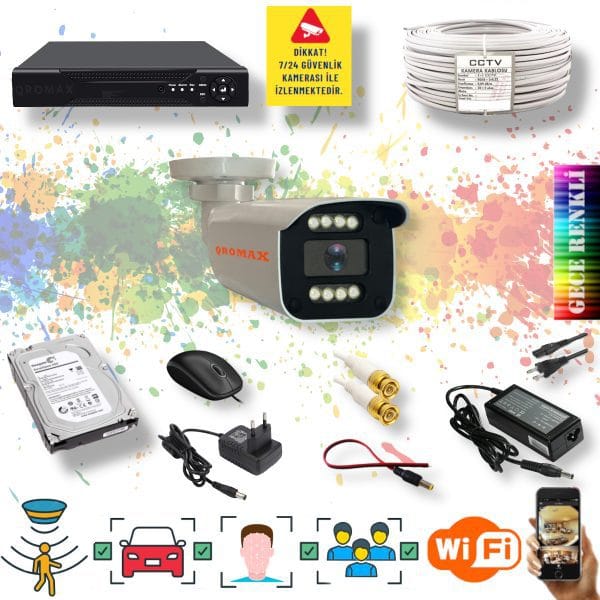 1 Kameralı Set - Yapay Zeka Özellikli Gece Renkli Gösteren 5 MP SONY Lensli 8 Warm Ledli FULLHD Güvenlik Kamerası Seti 908W