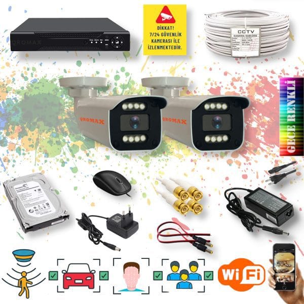 2 Kameralı Set - Yapay Zeka Özellikli Gece Renkli Gösteren 5 MP SONY Lensli 8 Warm Ledli FULLHD Güvenlik Kamerası Seti 908W