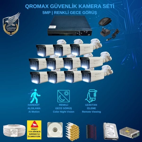 11 Kameralı Set - Gece Renkli Gösteren Hareket Algılayan 5 Mp Sony Lensli 1080p Full Hd Güvenlik Kamerası Seti 3404w