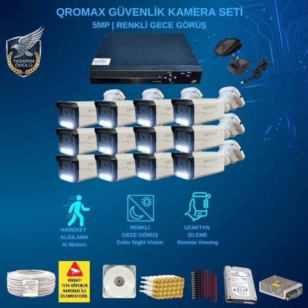 12 Kameralı Set - Gece Renkli Gösteren Hareket Algılayan 5 Mp Sony Lensli 1080p Full Hd Güvenlik Kamerası Seti 3404w