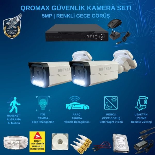 2 Kameralı Set - Yapay Zeka Özellikli Gece Renkli Gösteren 5 MP SONY Lensli 4 Warm Ledli FULLHD Güvenlik Kamerası Seti 3404W