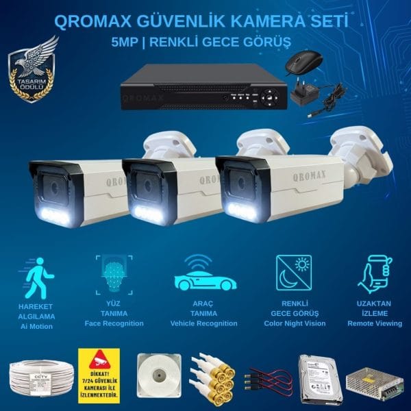 3 Kameralı Set - Yapay Zeka Özellikli Gece Renkli Gösteren 5 MP SONY Lensli 4 Warm Ledli FULLHD Güvenlik Kamerası Seti 3404W
