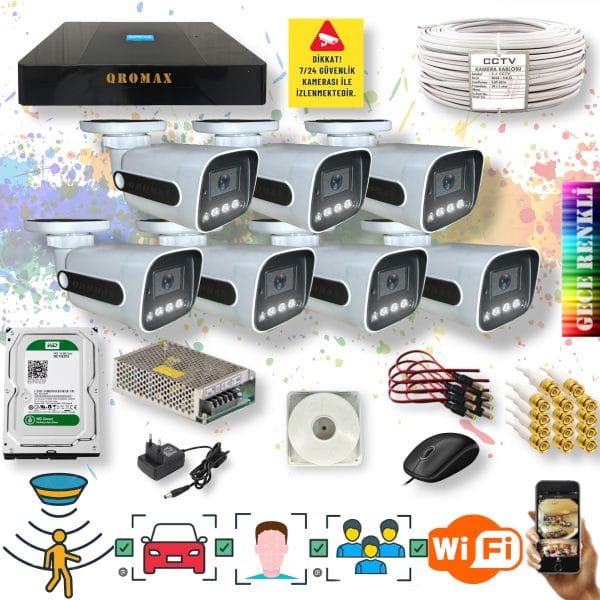 7 Kameralı Set - Yapay Zeka Özellikli Gece Renkli Gösteren Fullhd Güvenlik Kamerası Seti 784w
