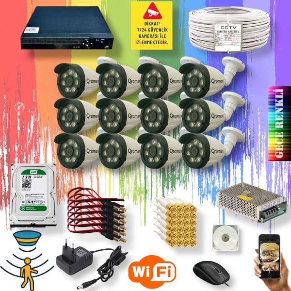 12 Kameralı Set - Gece Renkli Gösteren Hareket Algılayan 5 Mp Sony Lensli 1080p Full Hd Güvenlik Kamerası Seti 3908w
