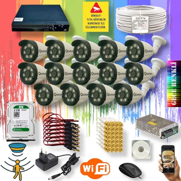 14 Kameralı Set - Gece Renkli Gösteren Hareket Algılayan 5 Mp Sony Lensli 1080p Full Hd Güvenlik Kamerası Seti 3908w