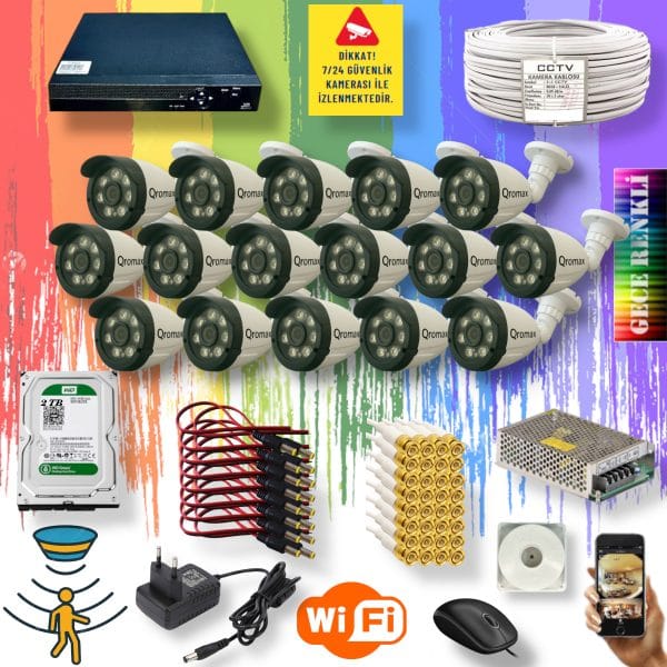 16 Kameralı Set - Gece Renkli Gösteren Hareket Algılayan 5 Mp Sony Lensli 1080p Full Hd Güvenlik Kamerası Seti 3908w