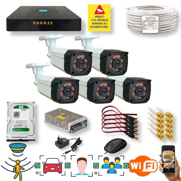 5 KAMERALI SET - İNSAN YÜZ VE HAREKET ALGILAYAN 1080P 5MP SONY LENS GÜVENLİK KAMERASI SETİ 7808