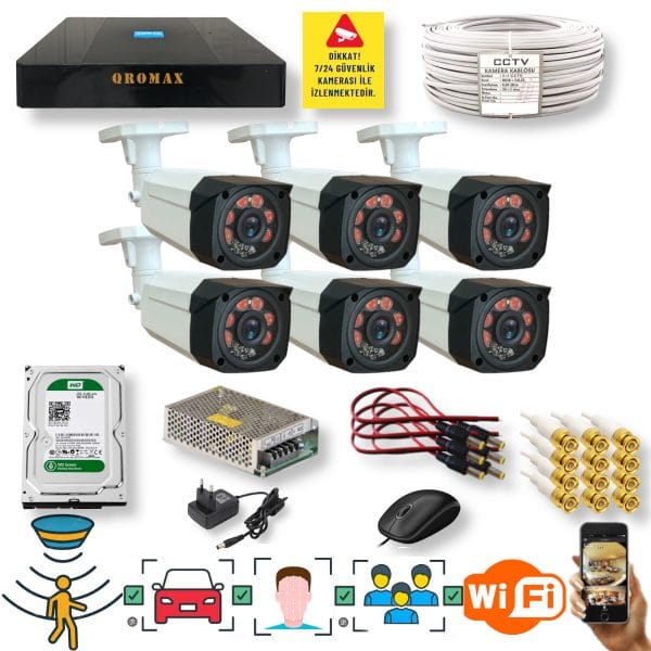 6 KAMERALI SET - İNSAN YÜZ VE HAREKET ALGILAYAN 1080P 5MP SONY LENS GÜVENLİK KAMERASI SETİ 7808