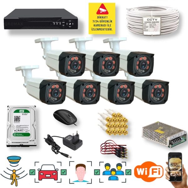 7 KAMERALI SET - İNSAN YÜZ VE HAREKET ALGILAYAN 1080P 5MP SONY LENS GÜVENLİK KAMERASI SETİ 7808