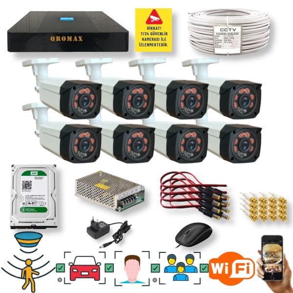 8 KAMERALI SET - İNSAN YÜZ VE HAREKET ALGILAYAN 1080P 5MP SONY LENS GÜVENLİK KAMERASI SETİ 7808