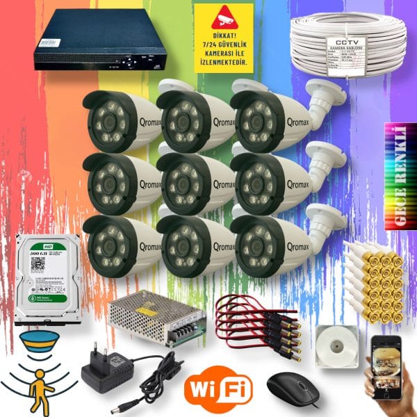 10 Kameralı Set - Gece Renkli Gösteren Hareket Algılayan 5 Mp Sony Lensli 1080p Full Hd Güvenlik Kamerası Seti 3908w