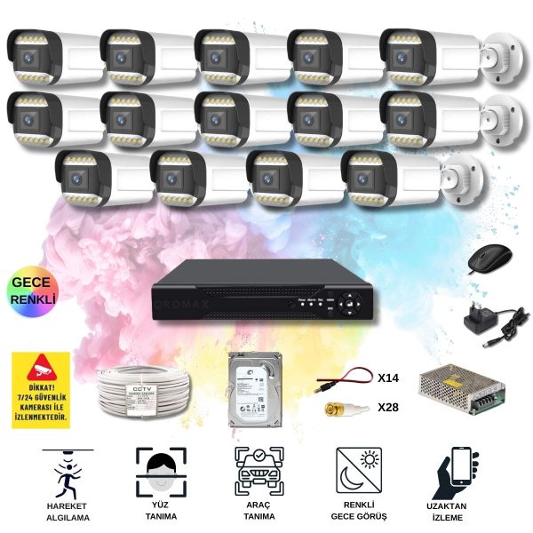 14 Kameralı Set - Yapay Zeka Özellikli Gece Renkli Gösteren 5MP SONY Lensli 12 Warm Ledli FULLHD Güvenlik Kamerası Seti 312W-116