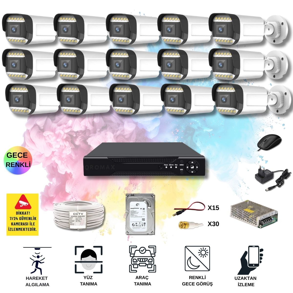 15 Kameralı Set – Yapay Zeka Özellikli Gece Renkli Gösteren 5MP SONY Lensli 12 Warm Ledli FULLHD Güvenlik Kamerası Seti 312W-116