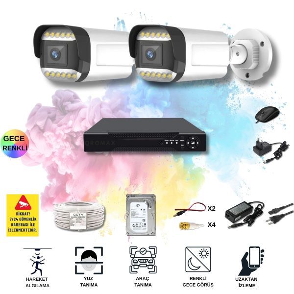 2 Kameralı Set - Yapay Zeka Özellikli Gece Renkli Gösteren 5MP SONY Lensli 12 Warm Ledli FULLHD Güvenlik Kamerası Seti 312W-104