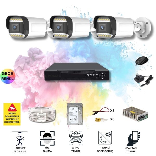 3 Kameralı Set - Yapay Zeka Özellikli Gece Renkli Gösteren 5MP SONY Lensli 12 Warm Ledli FULLHD Güvenlik Kamerası Seti 312W-104