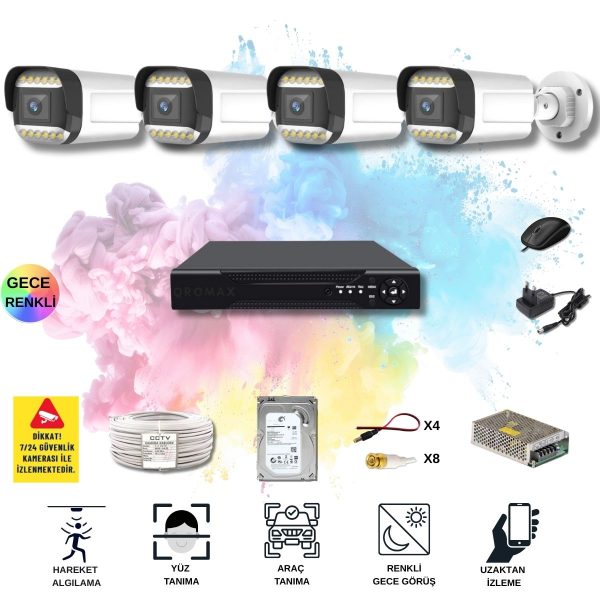 4 Kameralı Set - Yapay Zeka Özellikli Gece Renkli Gösteren 5MP SONY Lensli 12 Warm Ledli FULLHD Güvenlik Kamerası Seti 312W-104