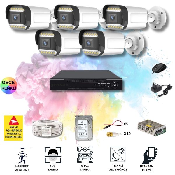 5 Kameralı Set - Yapay Zeka Özellikli Gece Renkli Gösteren 5MP SONY Lensli 12 Warm Ledli FULLHD Güvenlik Kamerası Seti 312W-108
