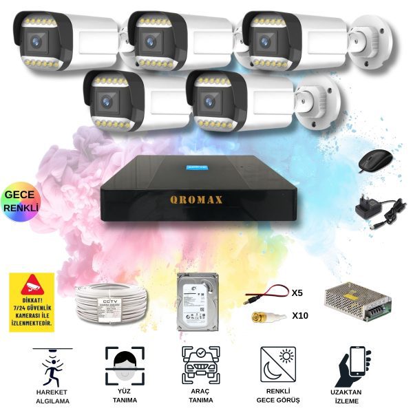 5 Kameralı Set - Yapay Zeka Özellikli Gece Renkli Gösteren 5MP SONY Lensli 12 Warm Ledli FULLHD Güvenlik Kamerası Seti 312W-9008