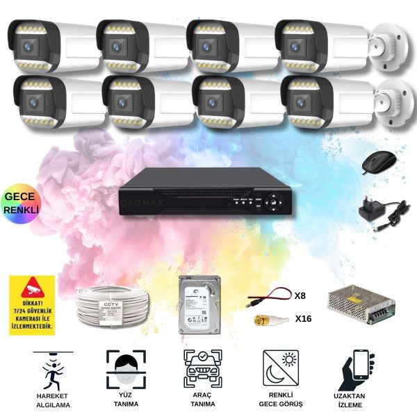 8 Kameralı Set - Yapay Zeka Özellikli Gece Renkli Gösteren 5MP SONY Lensli 12 Warm Ledli FULLHD Güvenlik Kamerası Seti 312W-108