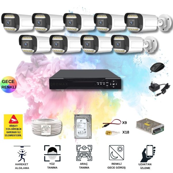 9 Kameralı Set - Yapay Zeka Özellikli Gece Renkli Gösteren 5MP SONY Lensli 12 Warm Ledli FULLHD Güvenlik Kamerası Seti 312W-116