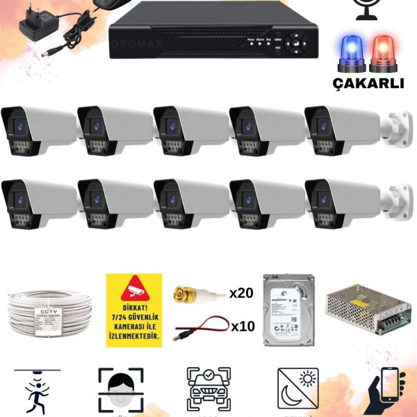 10 Kameralı Set - Yapay Zeka Özellikli Gece Renkli Sesli FullHD 5Mp Lensli 9 Warm Ve Çakar Ledli Güvenlik Kamerası Seti 5909WS-116