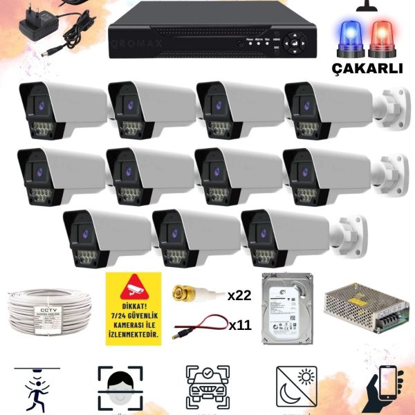 11 Kameralı Set - Yapay Zeka Özellikli Gece Renkli Sesli FullHD 5Mp Lensli 9 Warm Ve Çakar Ledli Güvenlik Kamerası Seti 5909WS-116