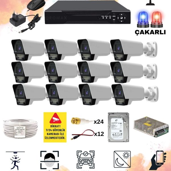 12 Kameralı Set - Yapay Zeka Özellikli Gece Renkli Sesli FullHD 5Mp Lensli 9 Warm Ve Çakar Ledli Güvenlik Kamerası Seti 5909WS-116