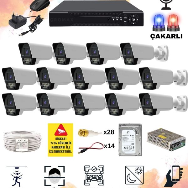 14 Kameralı Set - Yapay Zeka Özellikli Gece Renkli Sesli FullHD 5Mp Lensli 9 Warm Ve Çakar Ledli Güvenlik Kamerası Seti 5909WS-116