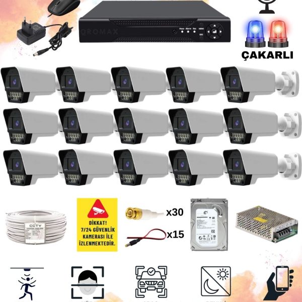 15 Kameralı Set - Yapay Zeka Özellikli Gece Renkli Sesli FullHD 5Mp Lensli 9 Warm Ve Çakar Ledli Güvenlik Kamerası Seti 5909WS-116