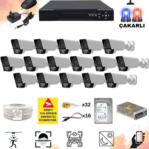 16 Kameralı Set - Yapay Zeka Özellikli Gece Renkli Sesli FullHD 5Mp Lensli 9 Warm Ve Çakar Ledli Güvenlik Kamerası Seti 5909WS-116