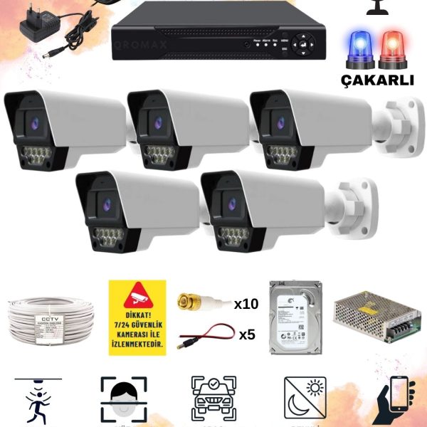 5 Kameralı Set - Yapay Zeka Özellikli Gece Renkli Sesli FullHD 5Mp Lensli 9 Warm Ve Çakar Ledli Güvenlik Kamerası Seti 5909WS-108