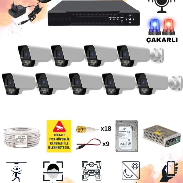 9 Kameralı Set - Yapay Zeka Özellikli Gece Renkli Sesli FullHD 5Mp Lensli 9 Warm Ve Çakar Ledli Güvenlik Kamerası Seti 5909WS-116