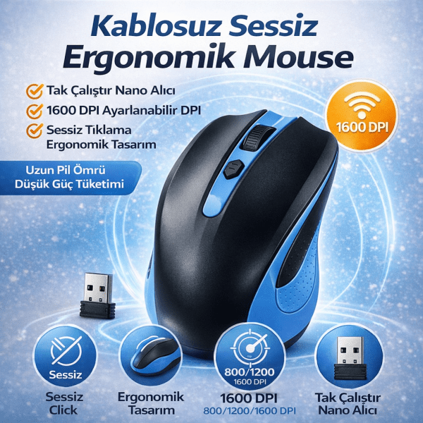 Kablosuz Mouse 2.4GHz Sessiz Tıklama Ergonomik Tasarım 1600 DPI USB Nano Alıcı Ofis Laptop Uyumlu cns-mavi