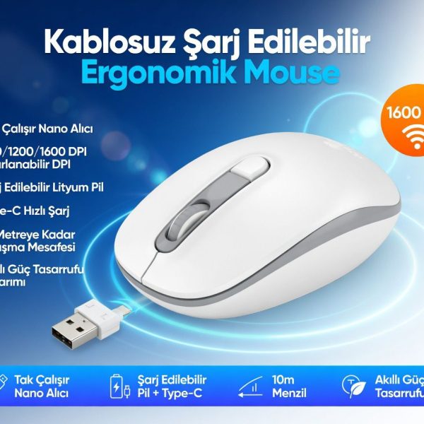 Şarj Edilebilir Kablosuz Mouse Dual Mode 1600 DPI Ergonomik 2.4G Bluetooth cns-beyaz