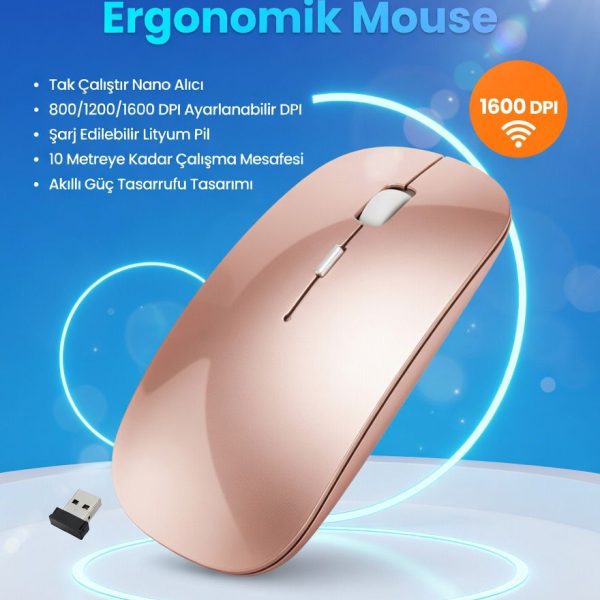 Şarj Edilebilir Kablosuz Mouse Dual Mode 1600 DPI Ergonomik 2.4G Bluetooth cns-gold