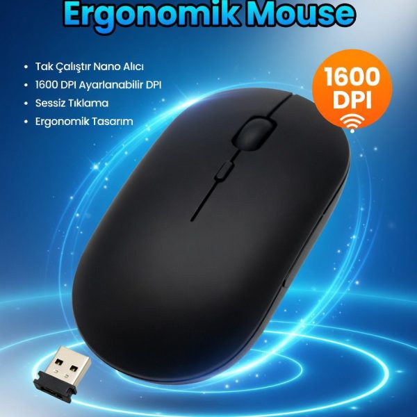Şarj Edilebilir Kablosuz Mouse Dual Mode 1600 DPI Ergonomik 2.4G Bluetooth cns-siyah