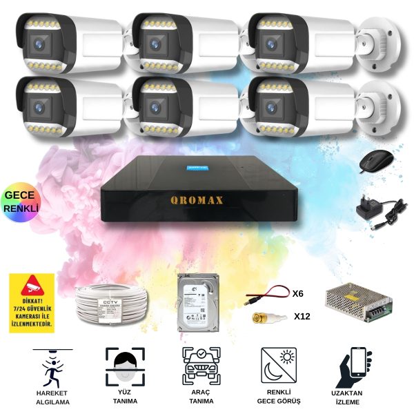 6 Kameralı Set - Yapay Zeka Özellikli Gece Renkli Gösteren 5MP SONY Lensli 12 Warm Ledli FULLHD Güvenlik Kamerası Seti 312W-9008