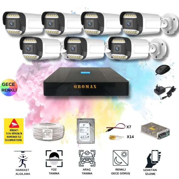 7 Kameralı Set - Yapay Zeka Özellikli Gece Renkli Gösteren 5MP SONY Lensli 12 Warm Ledli FULLHD Güvenlik Kamerası Seti 312W-9008