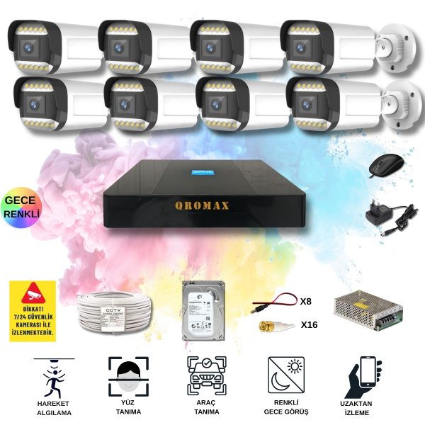 8 Kameralı Set - Yapay Zeka Özellikli Gece Renkli Gösteren 5MP SONY Lensli 12 Warm Ledli FULLHD Güvenlik Kamerası Seti 312W-9008