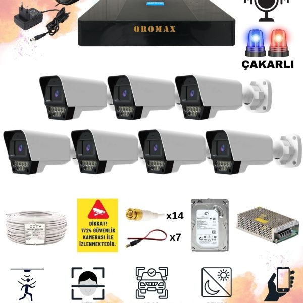 7 Kameralı Set - Yapay Zeka Özellikli Gece Renkli Sesli FullHD 5Mp Lensli 9 Warm Ve Çakar Ledli Güvenlik Kamerası Seti 5909WS-9008