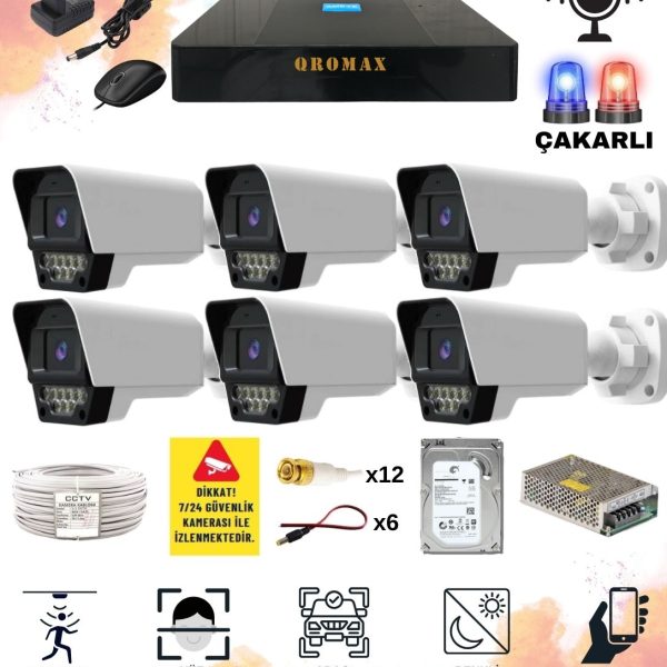 6 Kameralı Set - Yapay Zeka Özellikli Gece Renkli Sesli FullHD 5Mp Lensli 9 Warm Ve Çakar Ledli Güvenlik Kamerası Seti 5909WS-9008