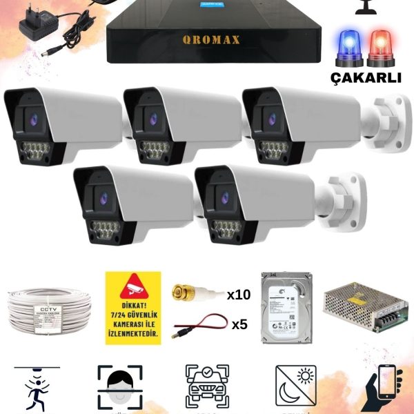 5 Kameralı Set - Yapay Zeka Özellikli Gece Renkli Sesli FullHD 5Mp Lensli 9 Warm Ve Çakar Ledli Güvenlik Kamerası Seti 5909WS-9008