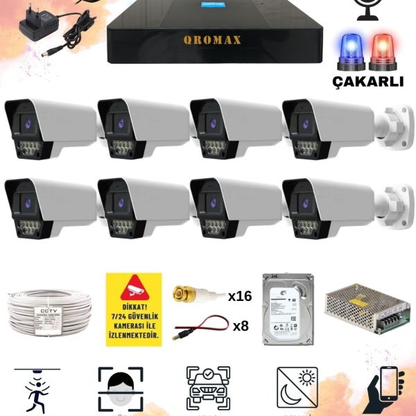 8 Kameralı Set - Yapay Zeka Özellikli Gece Renkli Sesli FullHD 5Mp Lensli 9 Warm Ve Çakar Ledli Güvenlik Kamerası Seti 5909WS-9008