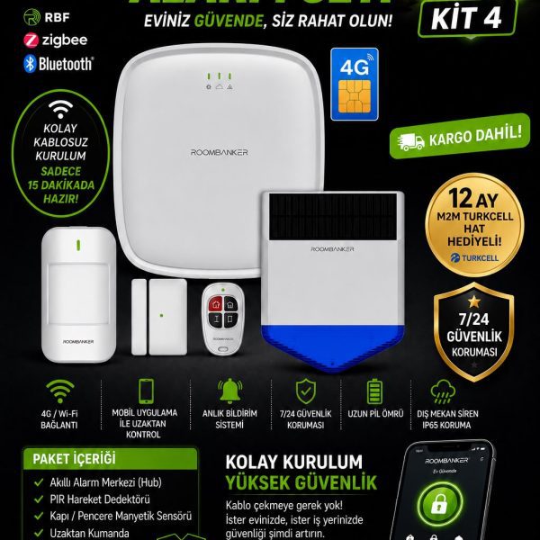 4G Akıllı Kablosuz Alarm Sistemi | 12 Ay Turkcell M2M Aylık 8 GB İnternet Hediyeli Roombanker Kit 4