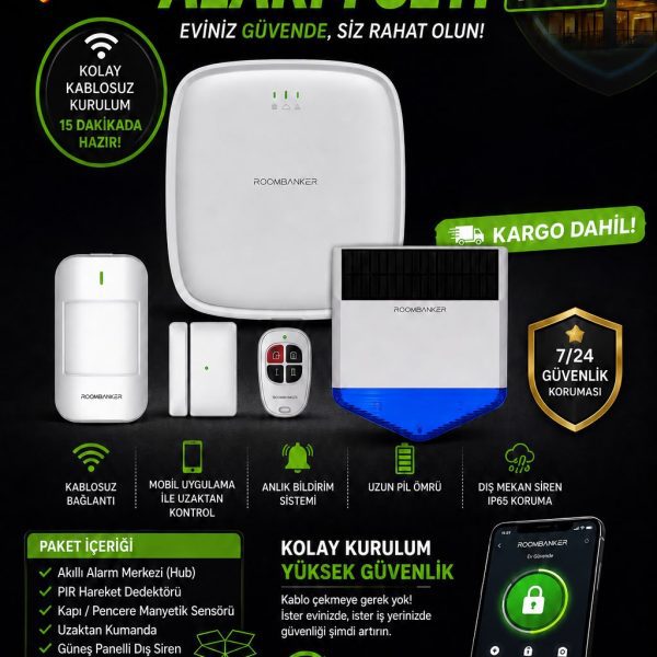 Kablosuz Akıllı Alarm Sistemi | WiFi Ethernet Destekli Ev ve İş Yeri Güvenlik Seti Roombanker Kit 3