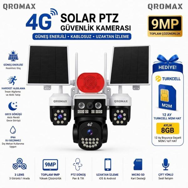 9MP Çift Panelli 3 Lensli 4G SIM Kartlı Solar PTZ Güvenlik Kamerası + 12 Ay Turkcell Hat Hediye 4G_QR_S3