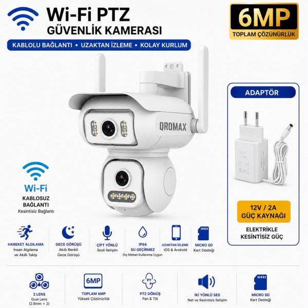 6MP Wi-Fi PTZ Çift Lensli Dış Mekan Akıllı Güvenlik Kamerası (12V Adaptör Dahil - Joysee App) WİFİ_QR_W2